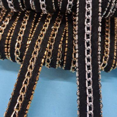 GALON    NEGRO CON CADENA ORO/PLATA  x13 mm - x9.14 mts