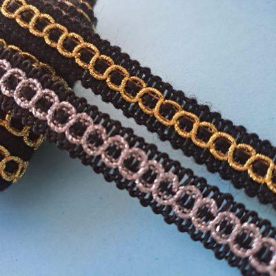 GALON  NEGRO CON LUREX PLATA / DORADO  x10 mm - X MT (12 mt)