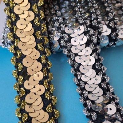 GALON ELASTIZADO CON LENTEJUELA ORO/PLATA 25mm  X10 MTS